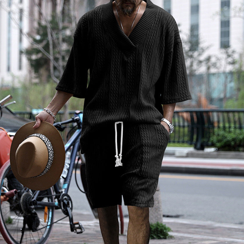 Andrew – Set Aus Bequem Sitzendem Strickoberteil Mit V-ausschnitt Und Passenden Shorts