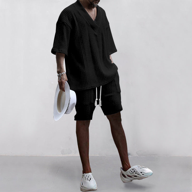 Andrew – Set Aus Bequem Sitzendem Strickoberteil Mit V-ausschnitt Und Passenden Shorts