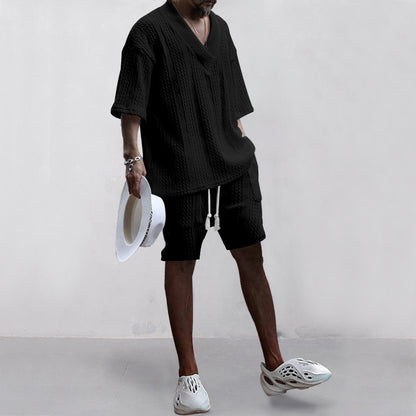 Andrew – Set Aus Bequem Sitzendem Strickoberteil Mit V-ausschnitt Und Passenden Shorts