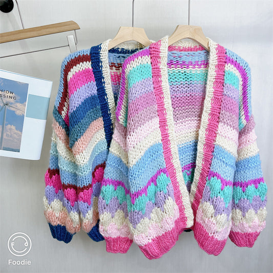 Annie - Warmer Stylischer Strick-cardigan In Regenbogenfarben