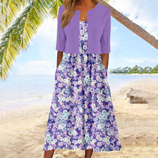 Bettina – Glamouröses Lilafarbenes Midikleid Mit Blumendruck Und Jacke