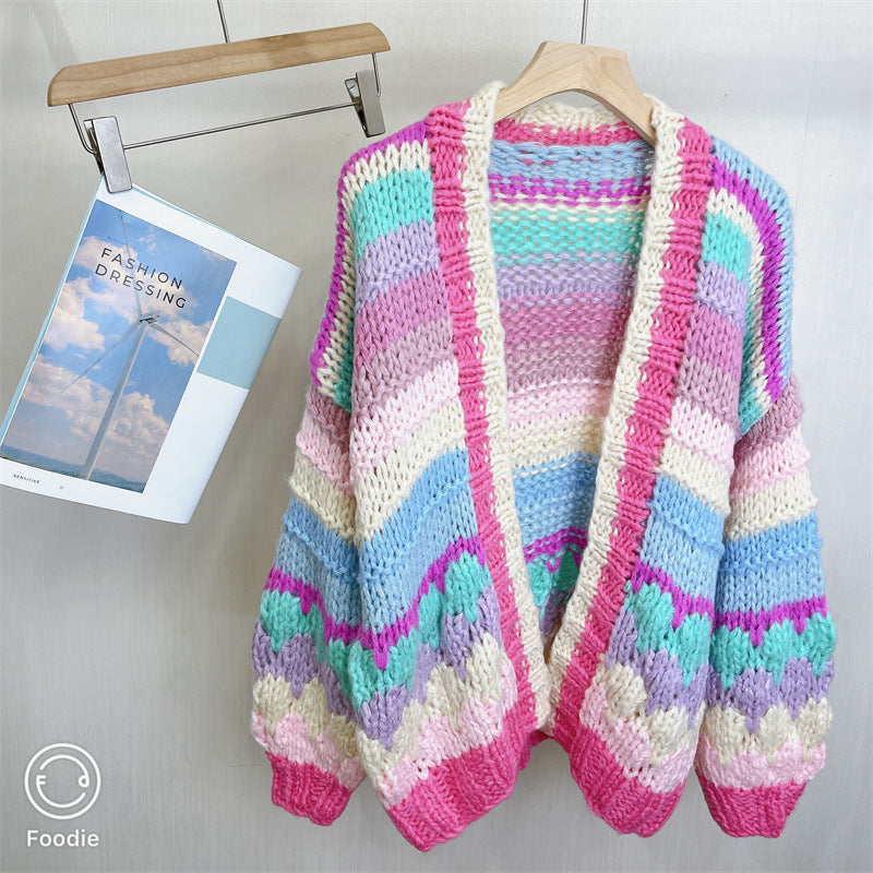 Annie - Warmer Stylischer Strick-cardigan In Regenbogenfarben