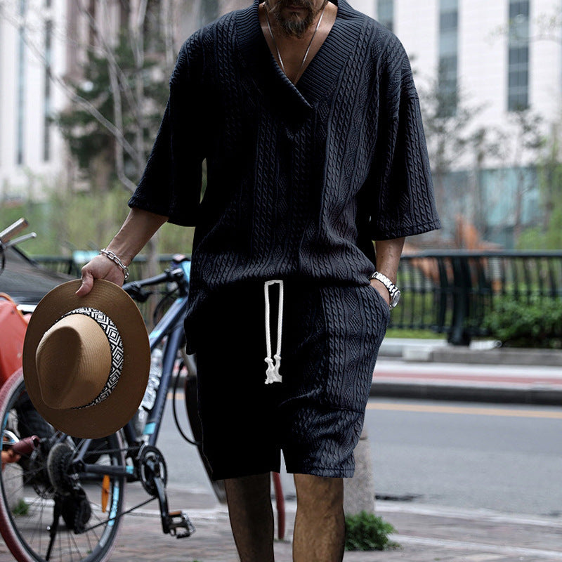 Andrew – Set Aus Bequem Sitzendem Strickoberteil Mit V-ausschnitt Und Passenden Shorts