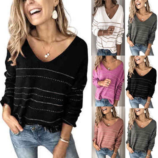 Stripestyle - Gestreiftes Muster V-ausschnitt Pullover