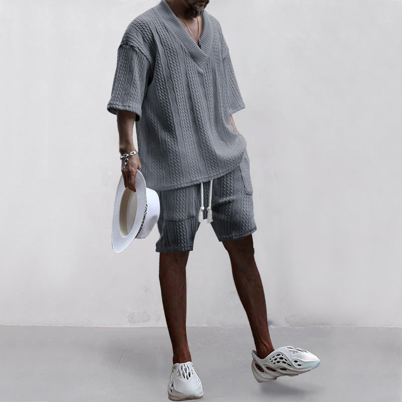 Andrew – Set Aus Bequem Sitzendem Strickoberteil Mit V-ausschnitt Und Passenden Shorts