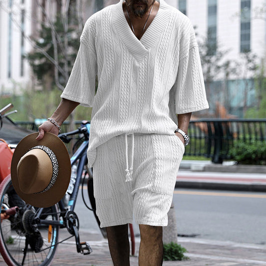 Andrew – Set Aus Bequem Sitzendem Strickoberteil Mit V-ausschnitt Und Passenden Shorts