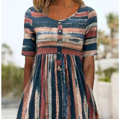 Alicia – Trendiges Midikleid Mit Kurzen Armeln Und Farbblockdesign