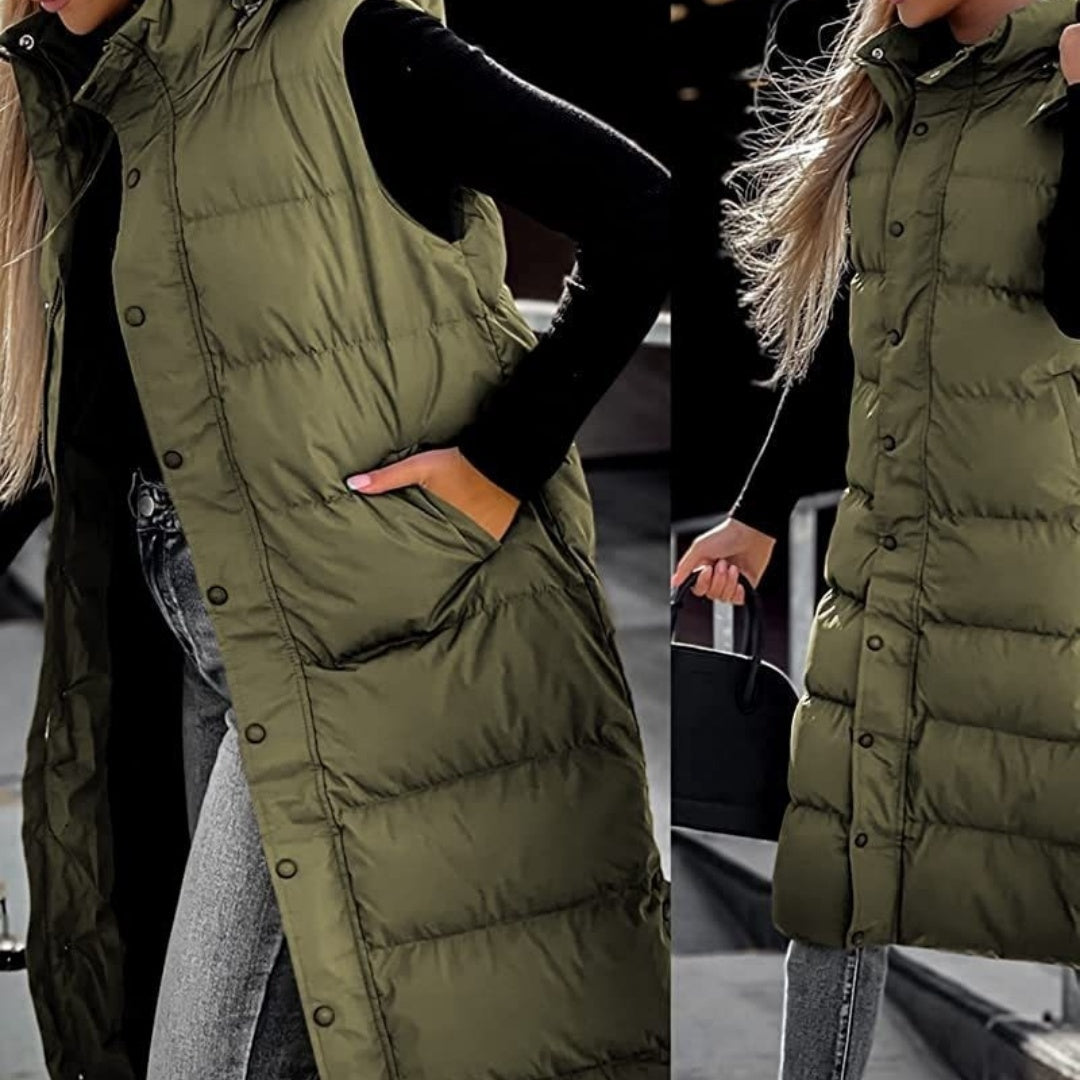 Ärmellose, Lässige Steppjacke Mit Kapuze Und Reißverschluss