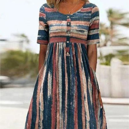 Alicia – Trendiges Midikleid Mit Kurzen Armeln Und Farbblockdesign