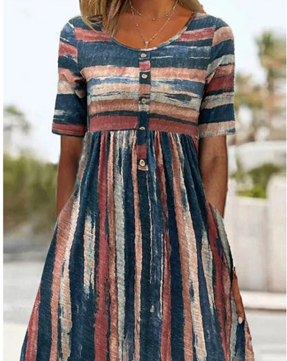 Alicia – Trendiges Midikleid Mit Kurzen Armeln Und Farbblockdesign