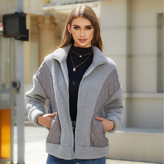 Sherpa-jacke Für Damen Mit Reibverschluss Und Gesteppten Details